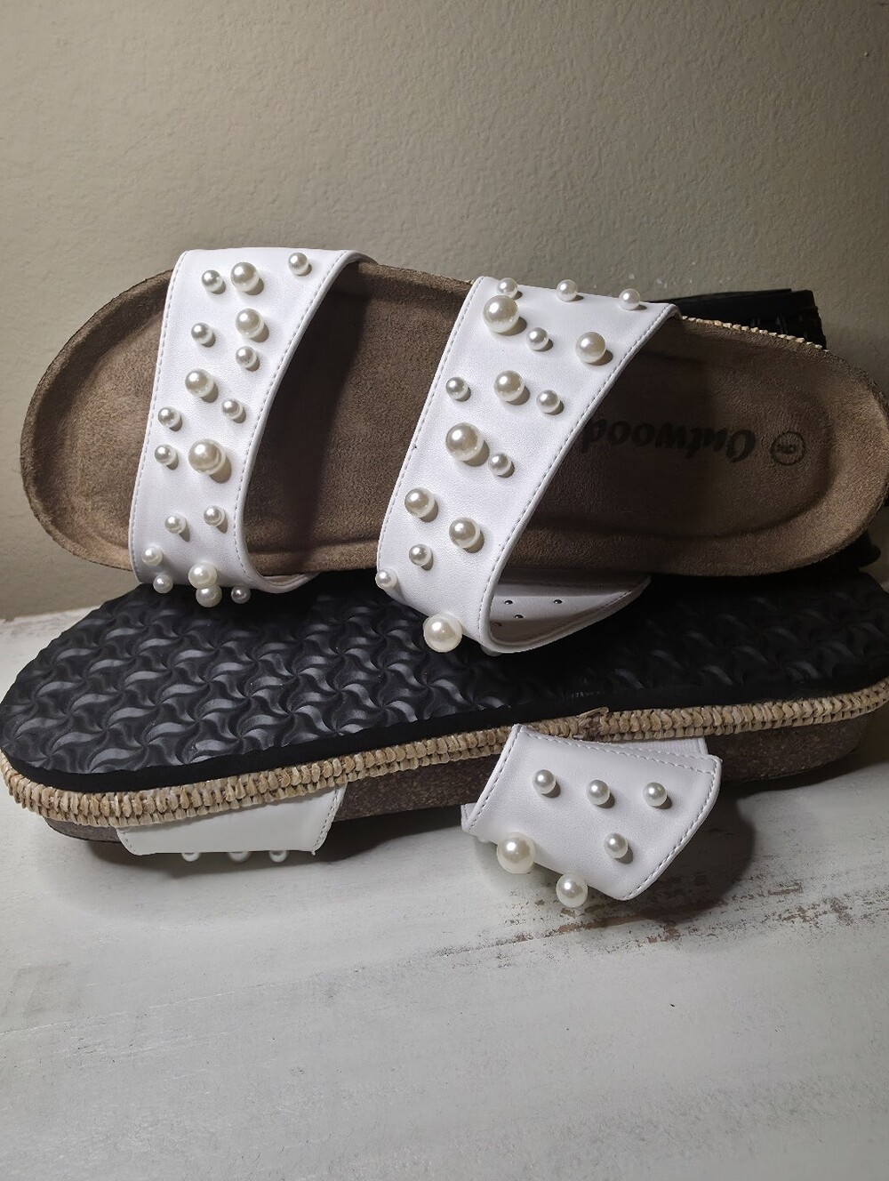 White Pearl-Embellished Slide Sandals for Women